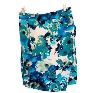 C'est La vie Blue Skirt Floral Faux Wrap Stretch Knee Length Medium Work Casual